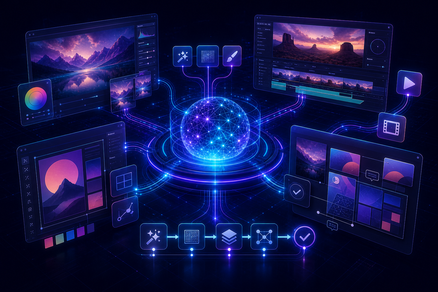 Agente AI che coordina flussi creativi di editing immagini, video, layout e revisione asset
