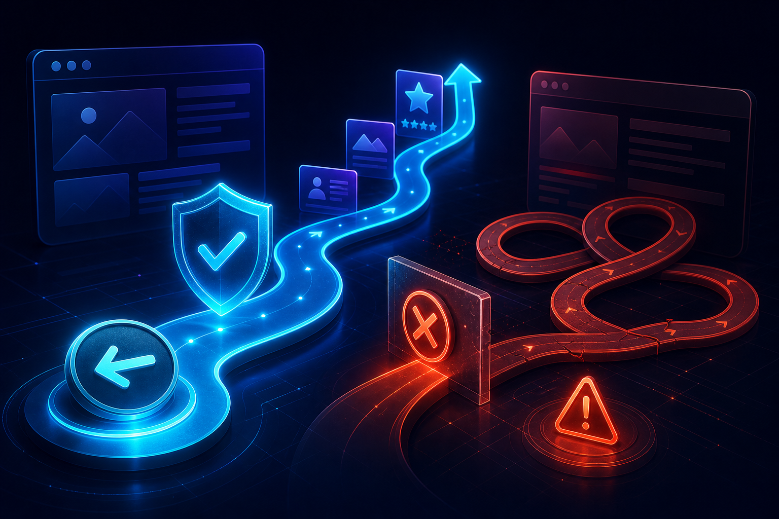 Percorso di navigazione corretto contrapposto a un loop bloccato di back button hijacking