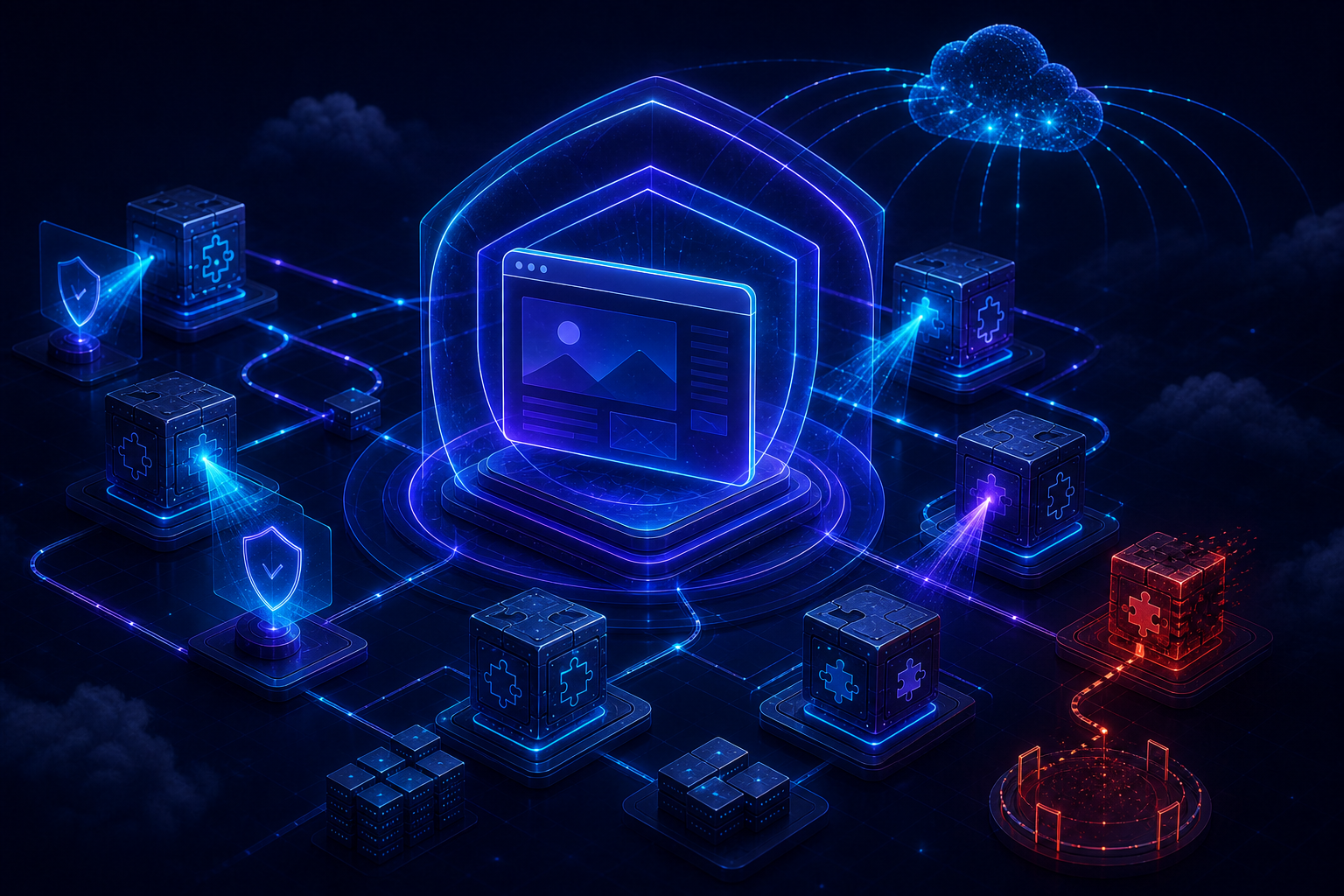Infrastruttura WordPress protetta da controlli di sicurezza contro attacchi supply chain su plugin e CDN